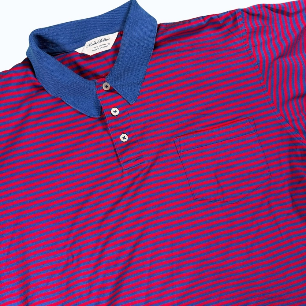 Brooks Brothers Polo Shirt Mens Med Red Blue Striped Short Sleeve Pocket Cotton